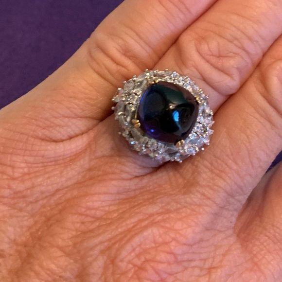 Sapphire ring, new, no tags, solid sterling, domed sapphire, white diamonds sz 7 - Picture 4 of 12